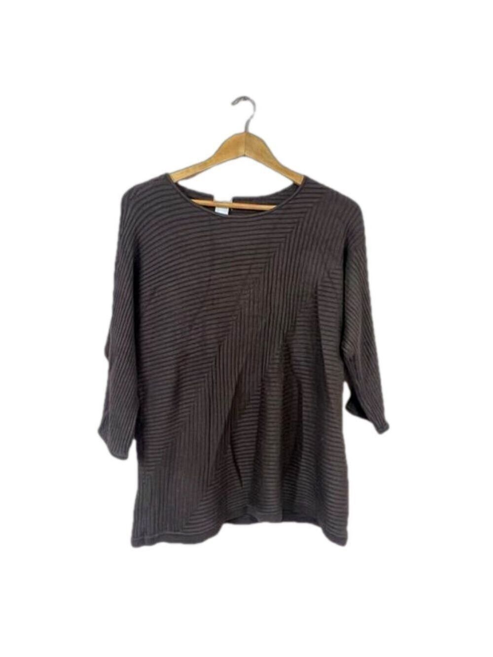 Chicos knit top Extra Large 3 White Striped 3/4 Sleeve Asymmetrical Hem